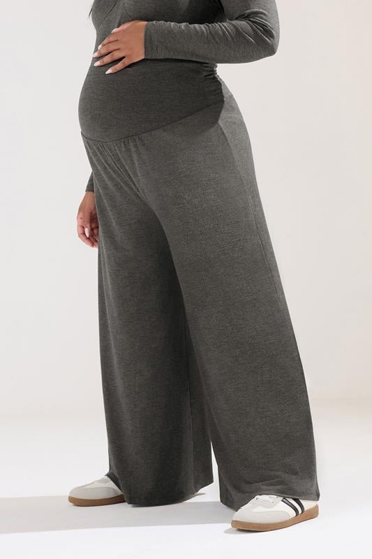 BUMP IT UP MATERNITY Plus Size Charcoal Grey Extra Wide Leg Trousers | Yours Clothing 1