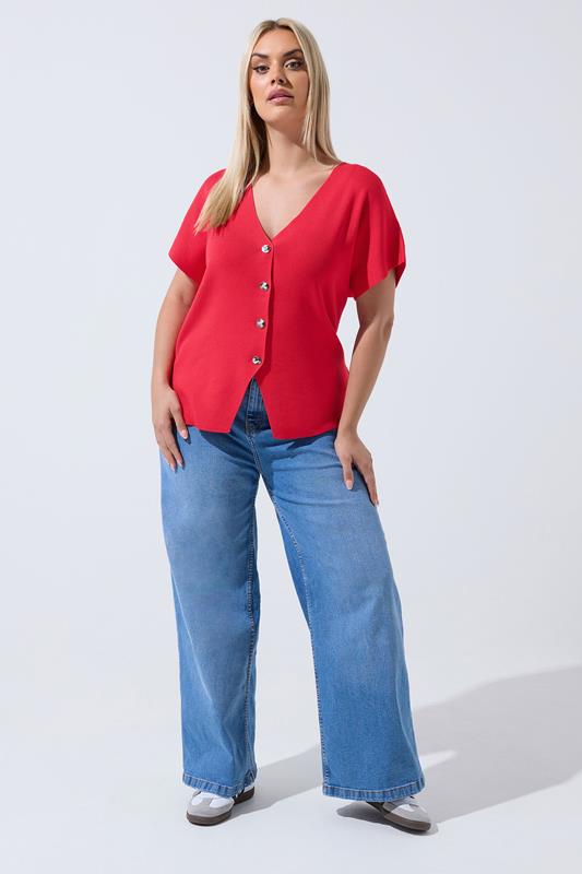 LIMITED COLLECTION Plus Size Red Short Sleeve Knitted Top | Yours Clothing 1