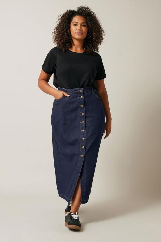 EVANS Plus Size Indigo Blue Button Through Denim Maxi Skirt Evans