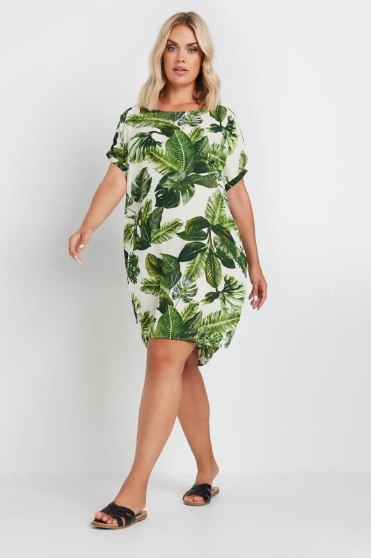 Plus Size  YOURS Curve Green Tropical Leaf Print Tunic Dress