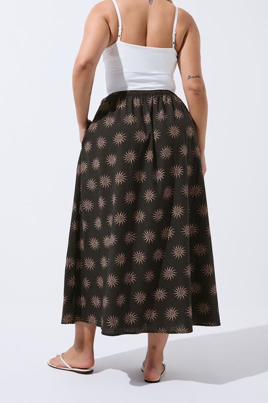LIMITED COLLECTION Plus Size Dark Brown Sun Print Linen Maxi Skirt | Yours Clothing 4