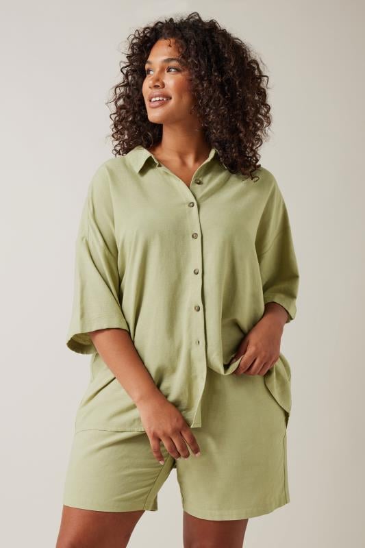 EVANS Plus Size Khaki Green Linen Shirt Evans