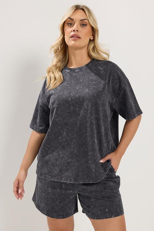  YOURS Curve Grey Acid Wash Sweat T-Shirt And Short Set