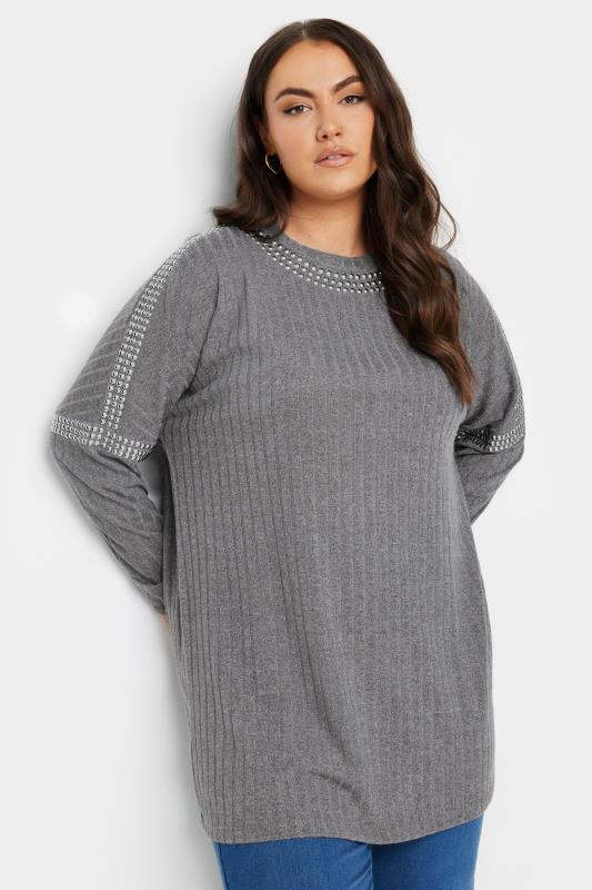 YOURS Plus Size Grey Stud Neckline Embellished Jumper | Yours Clothing 1