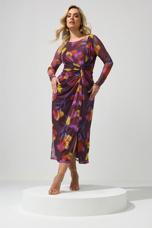  YOURS LONDON Curve Purple Abstract Floral Mesh Side Knot Midi Dress