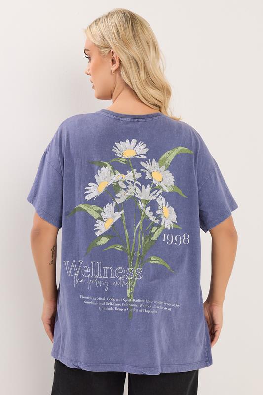 YOURS Plus Size Blue 'Wellness' Daisy Back Print T-Shirt | Yours Clothing 4