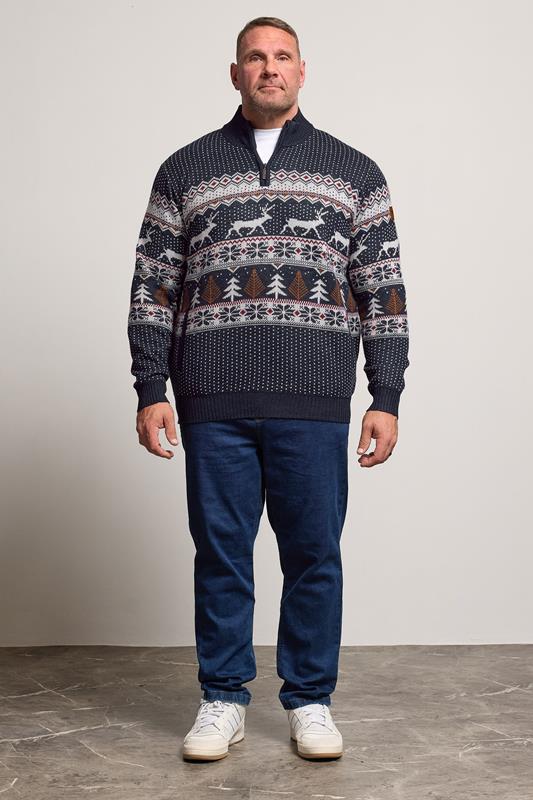 D555 Big & Tall Navy Blue Christmas Quarter Zip Jumper | BadRhino 1