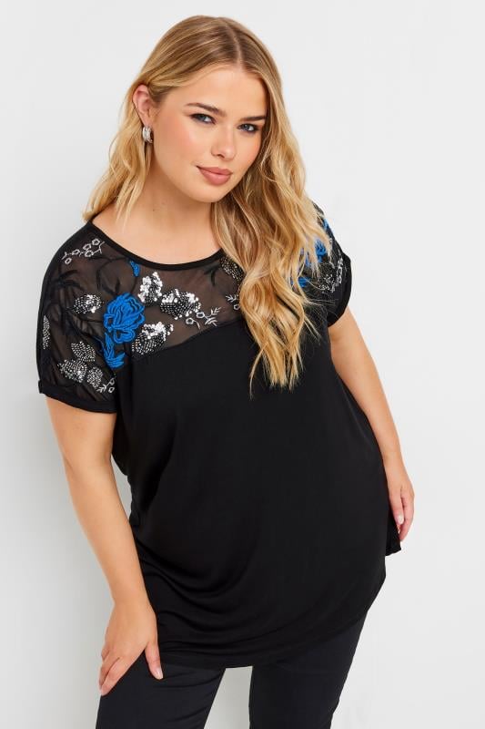 YOURS Plus Size Black & Blue Mesh Embellished Swing Top | Yours Clothing  1