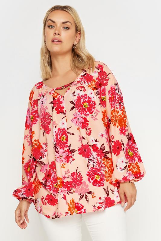YOURS Plus Size Pink Floral Print Balloon Sleeve Blouse | Yours Clothing  1