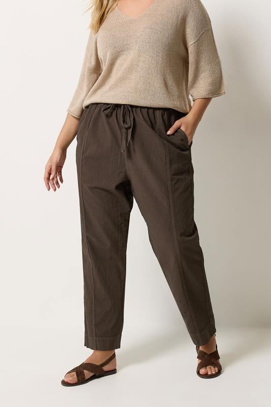  YOURS Curve Chocolate Brown Cool Cotton Barrel Leg Trousers