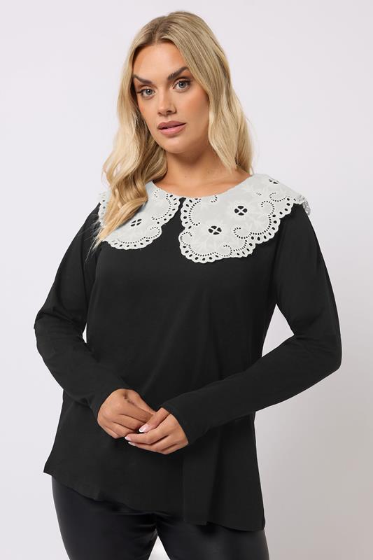 YOURS Plus Size Black Broderie Anglaise Oversized Collar Top | Yours Clothing 1