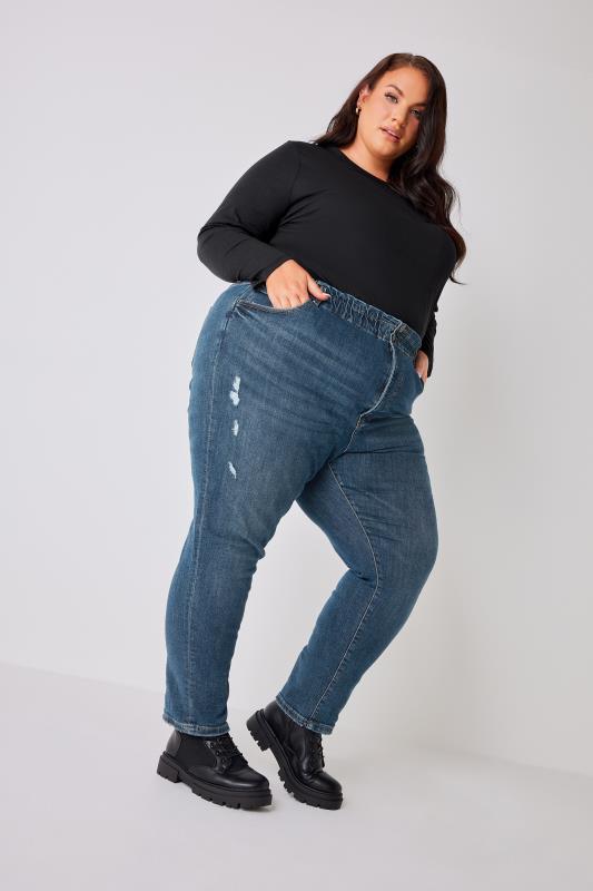 Plus Size Indigo Blue Washed Elasticated Stretch MOM Jeans | Yours Clothing  6