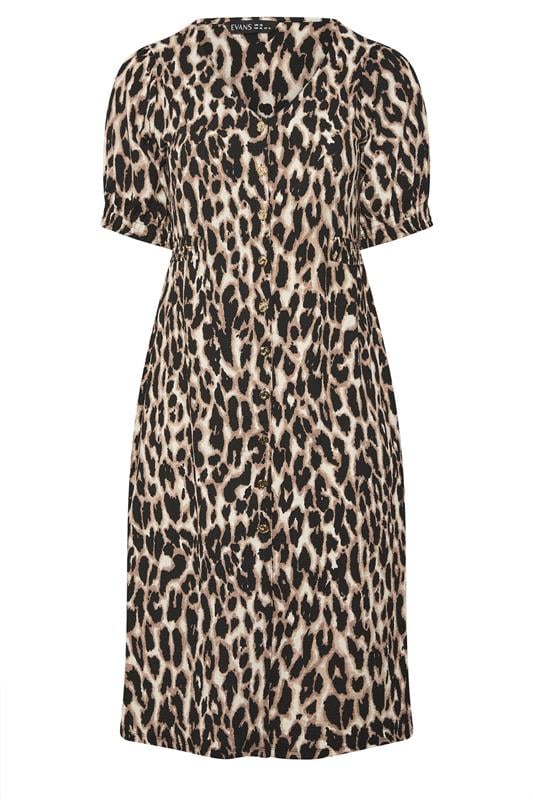 EVANS Plus Size Brown Button Through Animal Print Midi Dress | Evans