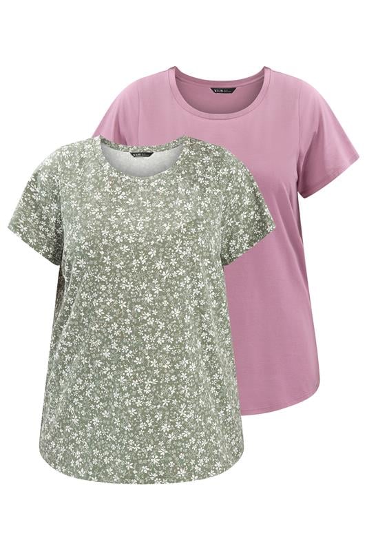 YOURSET 2 PACK Plus Size Sage Green & Pink Ditsy Floral T-Shirts | Yours Clothing 1