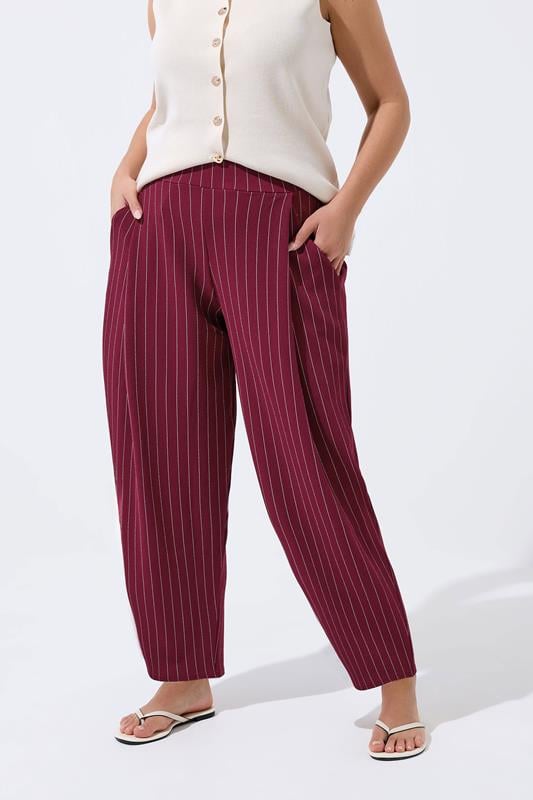  LIMITED COLLECTION Curve Burgundy Red Pinstripe Barrel Trousers