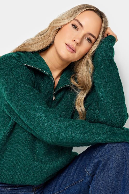 LTS Tall Dark Green Marl Zip Funnel Neck Jumper | Long Tall Sally  4