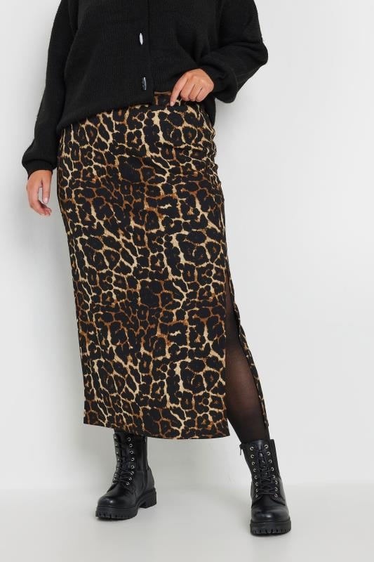 Plus Size  YOURS Curve Brown Textured Leopard Print Maxi Skirt