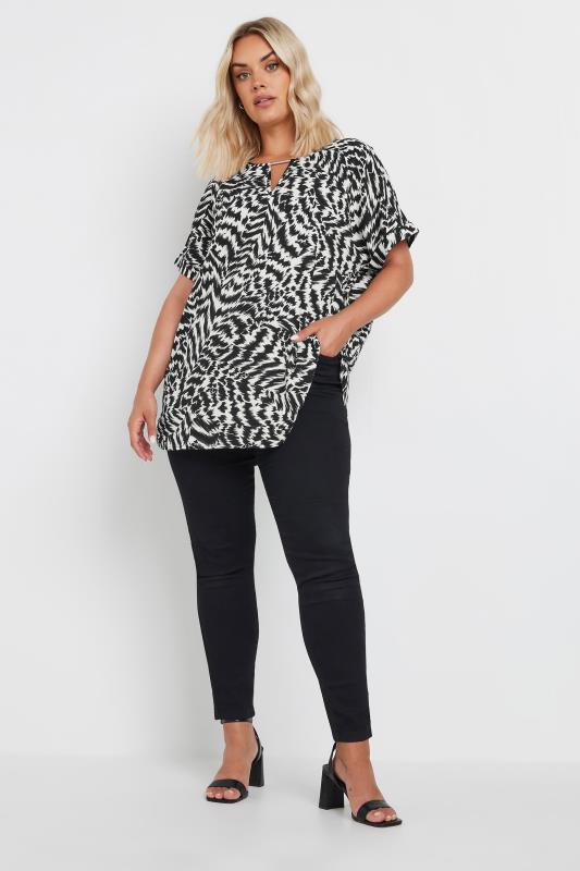 YOURS Plus Size Black & White Abstract Print Notch Neck Blouse | Yours Clothing  2