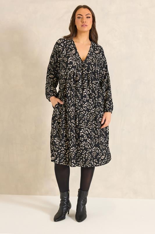 Plus Size  EVANS Curve Black Abstract Print Balloon Sleeve Dress