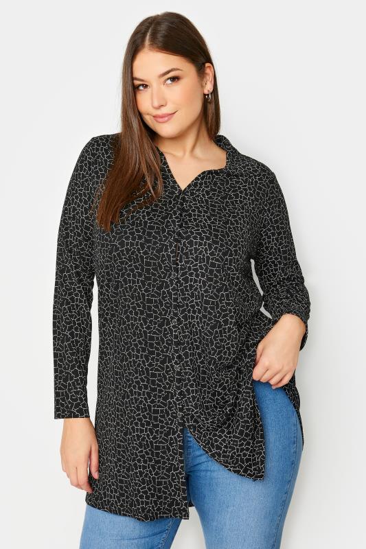 YOURS Plus Size Black & White Abstract Print Button Shirt | Yours Clothing 1