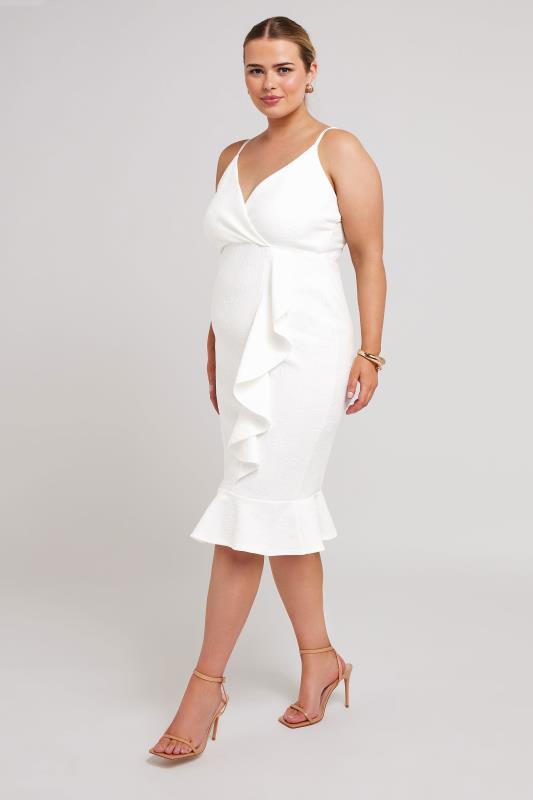 YOURS LONDON Plus Size White Ruffle Jacquard Dress | Yours Clothing 2