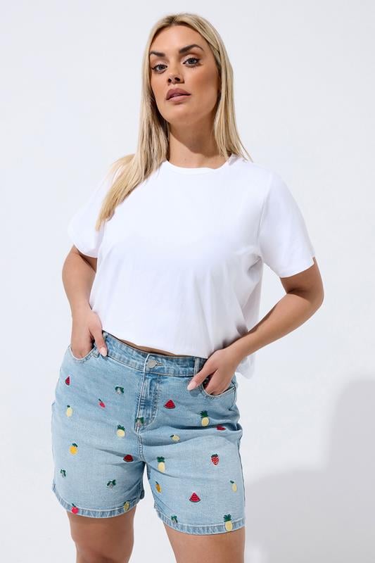  LIMITED COLLECTION Curve Blue Embroidered Fruit Denim Shorts