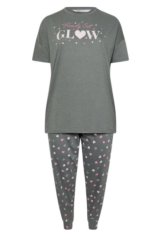 YOURS Plus Size Grey 'Ready Set Glow' Heart Print Cuffed Pyjama Set | Yours Clothing 5