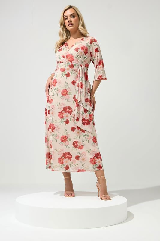 YOURS LONDON Plus Size Ivory White Floral Mesh Wrap Dress | Yours Clothing 1