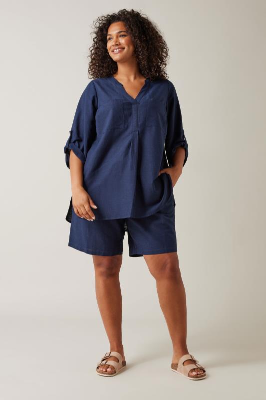 EVANS Plus Size Navy Blue Linen Shorts Evans