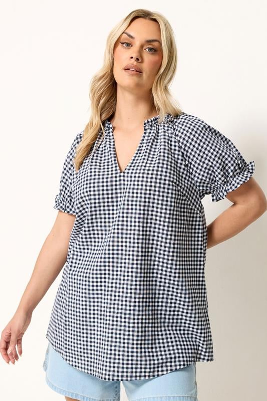 YOURS Plus Size Navy Blue Gingham Notch Neck Blouse | Yours Clothing 1