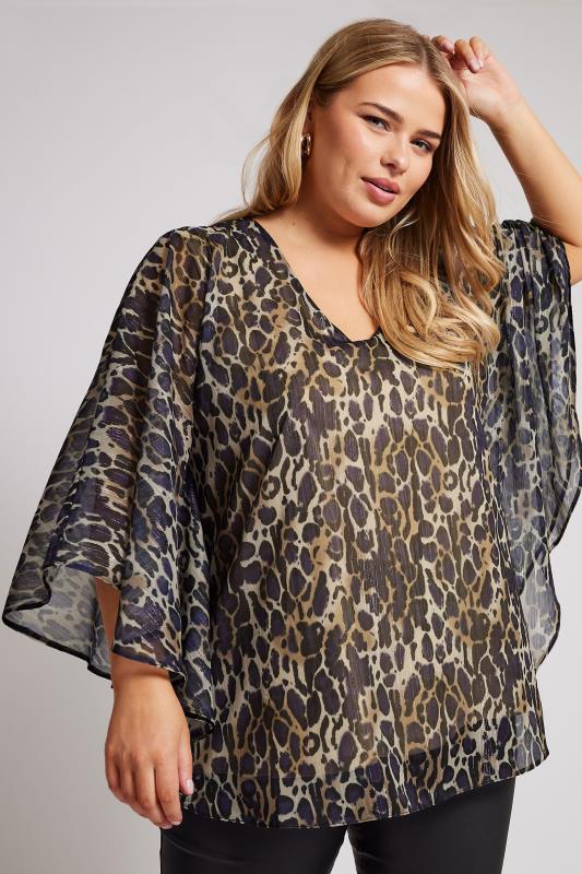 YOURS LONDON Plus Size Natural Brown Metallic Leopard Print Cape Blouse | Yours Clothing 2