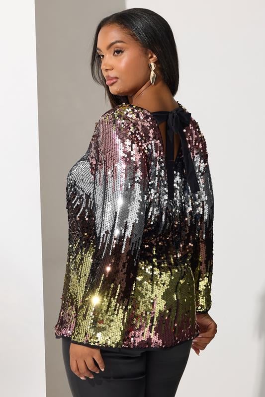 YOURS LONDON Plus Size Pink Bow Back Ombre Sequin Top | Yours Clothing 2
