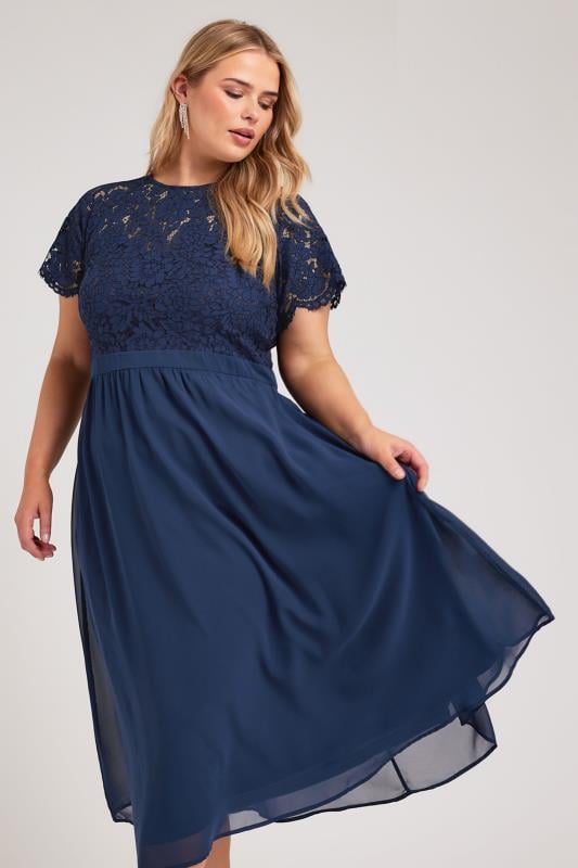 YOURS LONDON Plus Size Navy Blue Lace Sweetheart Midi Dress | Yours Clothing 1