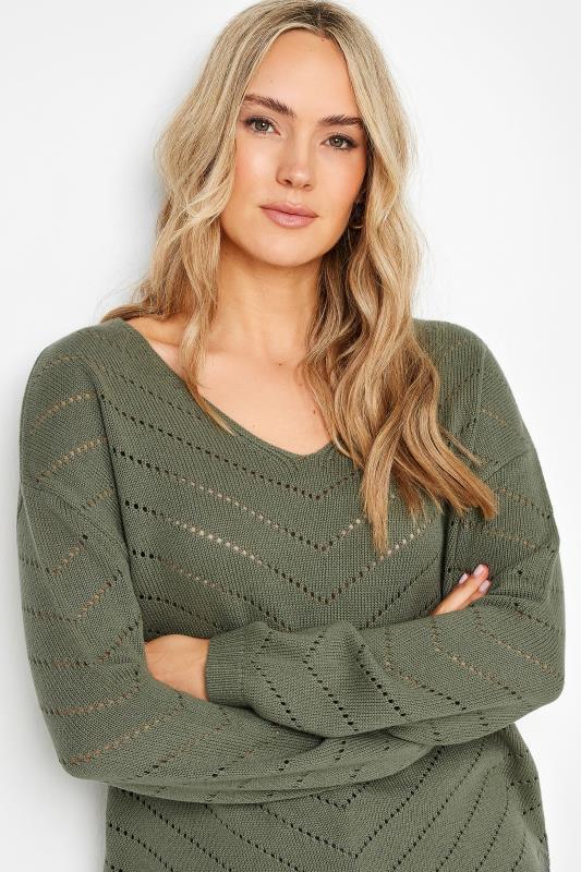 LTS Tall Khaki Green Chevron Pointelle Stitch Jumper | Long Tall Sally 4