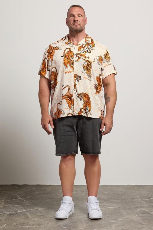 JACK & JONES Big & Tall Cream Tiger Print Resort Shirt | Badrhino 1