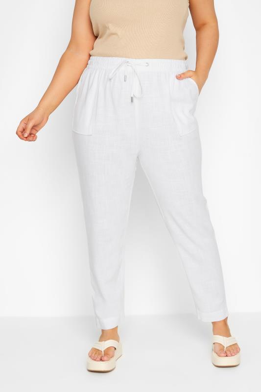 YOURS Curve White Linen Joggers | Yours Clothing  1