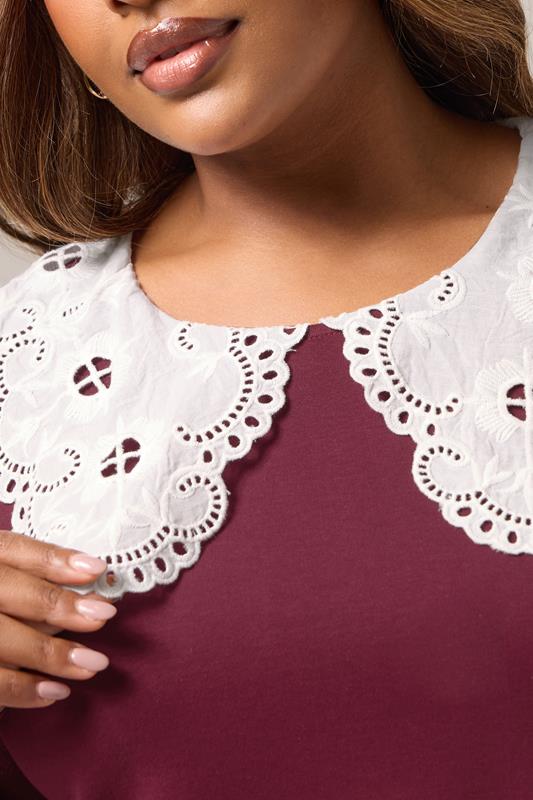 YOURS Plus Size Burgundy Red Broderie Anglaise Oversized Collar Top | Yours Clothing 4