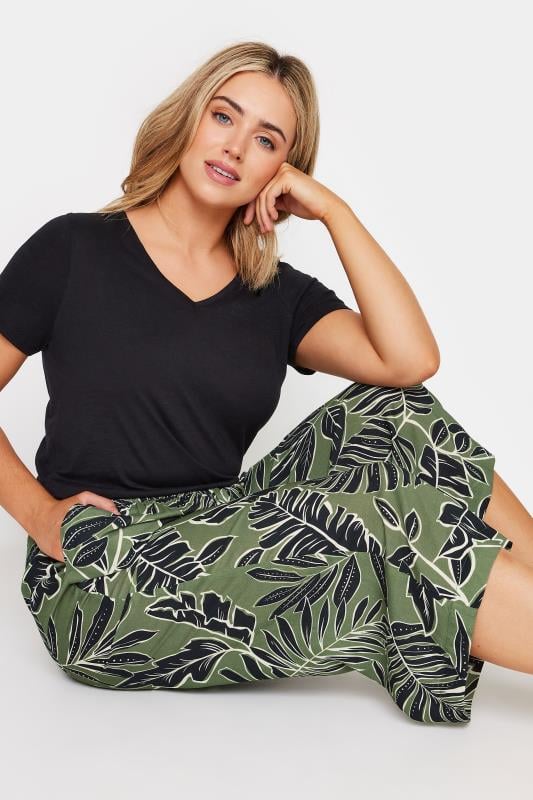 Women's  M&Co Khaki Green & Black Tropical Leaf Print Culottes
