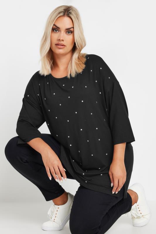 YOURS Plus Size Black Star Embellished Swing Top | Yours Clothing 2