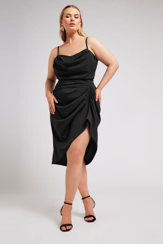 YOURS LONDON Plus Size Black Cowl Neck Gathered Dress | Yours Clothing 1
