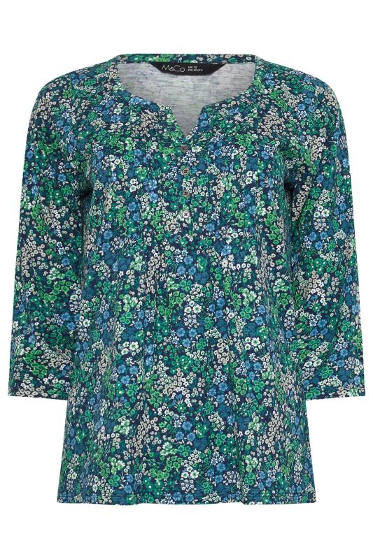 M&Co Dark Green Floral Print Cotton Henley Top | M&Co 5