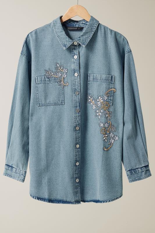 EVANS Plus Size Blue Denim Sequin Embellished Shirt | Evans 7