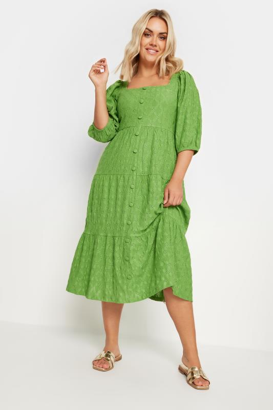 YOURS Plus Size Green Broderie Anglaise Button Front Dress | Yours Clothing 2