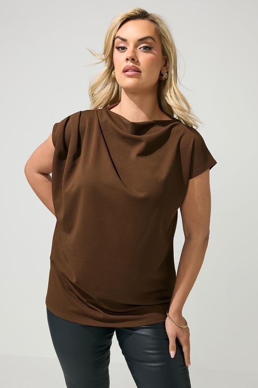 YOURS LONDON Curve Chocolate Brown Drape Shoulder Top
