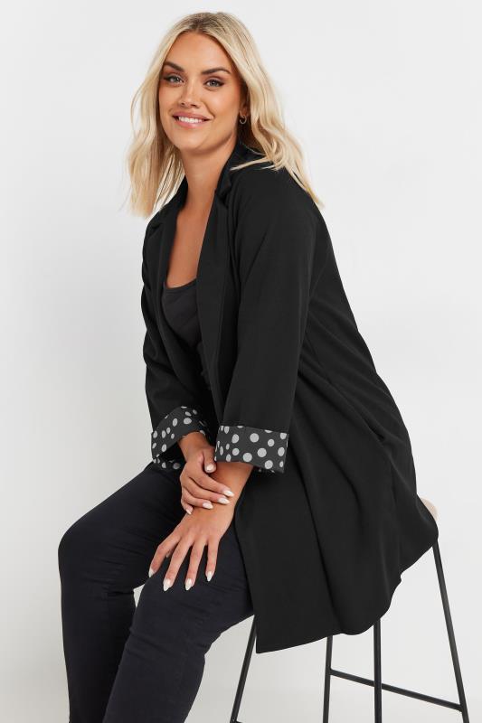 YOURS Curve Plus Size Black Polka Dot Roll Back Sleeve Blazer | Yours Clothing 1