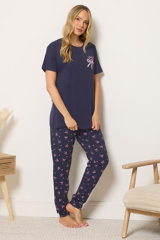 LTS Tall Women's Navy Blue Bow Print Cotton Cuffed Pyjama Set | Long Tall Sally 1