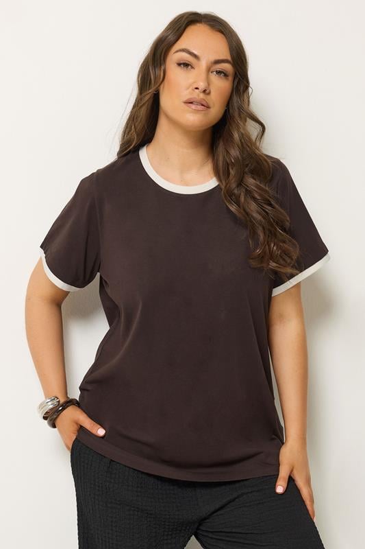 YOURS Plus Size Chocolate Brown Contrast Trim T-Shirt | Yours Clothing 1