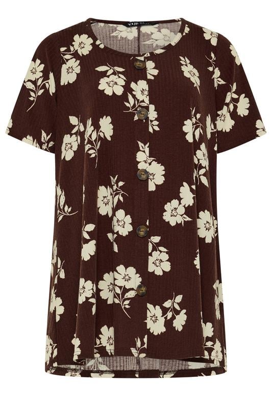 YOURS Plus Size Brown Floral Button Front Ribbed Swing Top | Yours Clothing 5