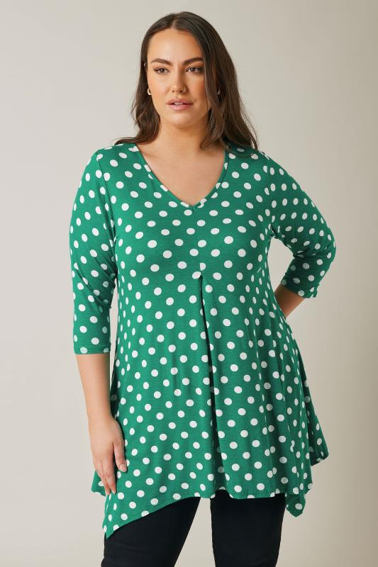 EVANS Plus Size Green Polka Dot Hanky Hem Top | Evans 1