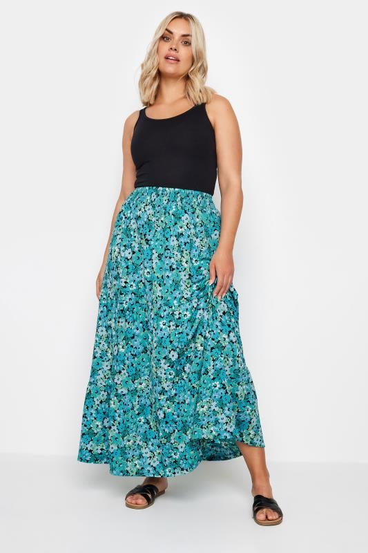 YOURS Plus Size Blue Floral Print Textured Tiered Maxi Skirt | Yours Clothing 1